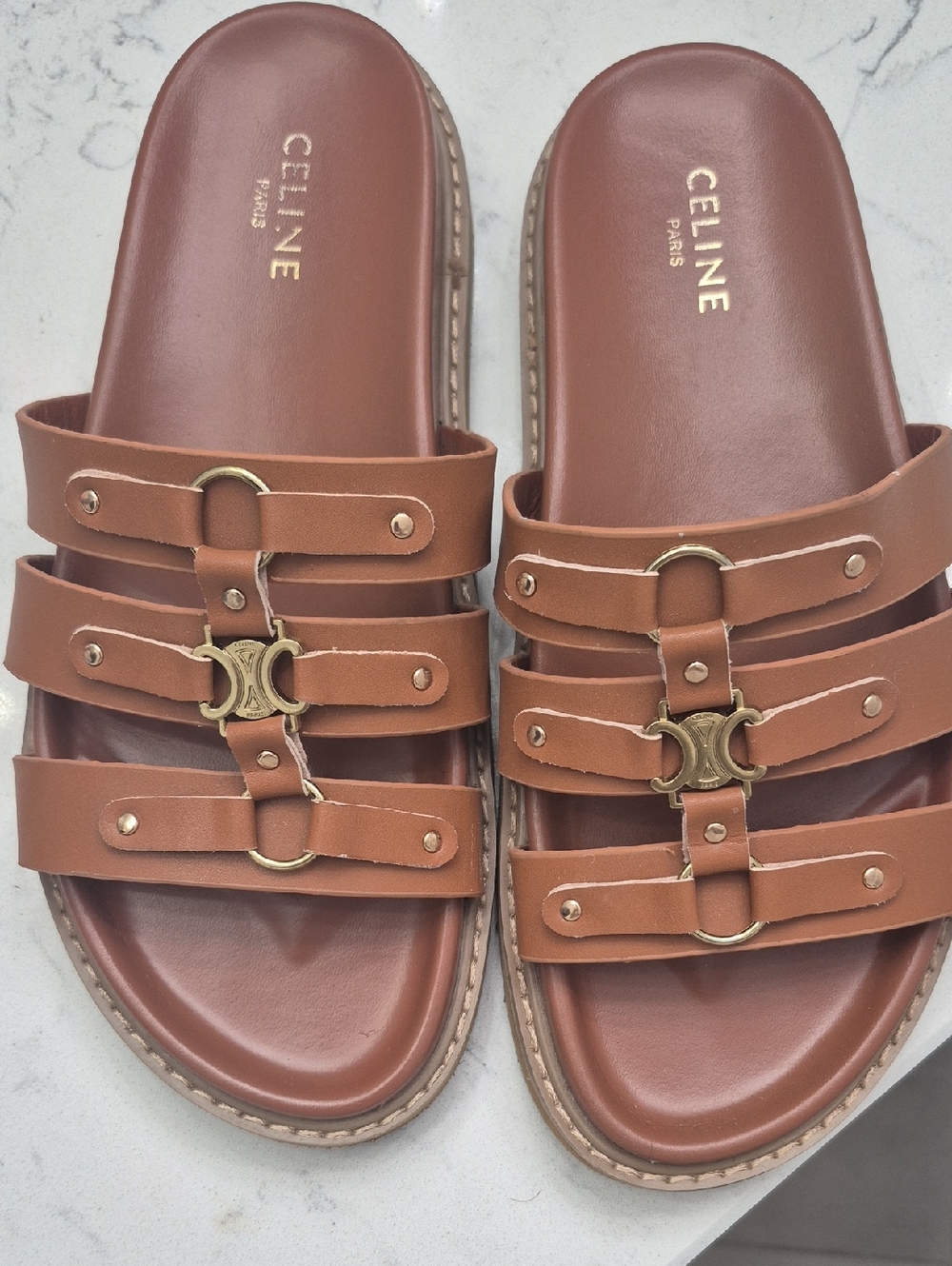 Celine Brown Triple-Strap Leather Slide Sandals with Gold Hardware